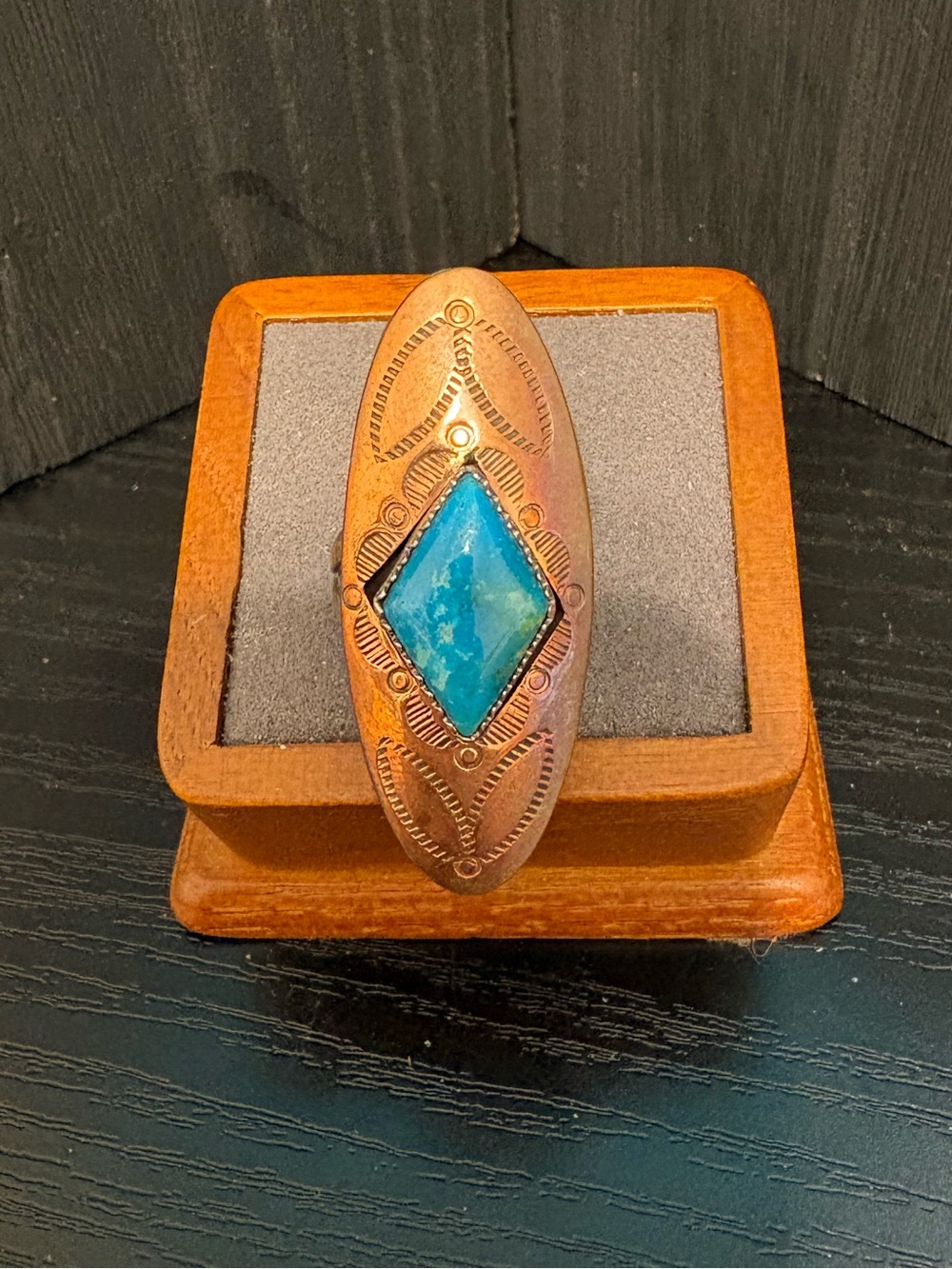 Running Bear RB copper and 925 sterling silver ring sz 6.75 blue turquoise